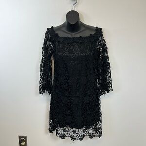 Auxo, NWT Chic Elegant Black Lace Long Sleeve Dress Off or On Shoulder Large